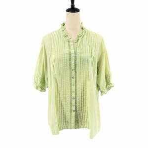 JP and Mattie Light Green Button Pleated Ruffle 100% Cotton Short Sleeve Blouse